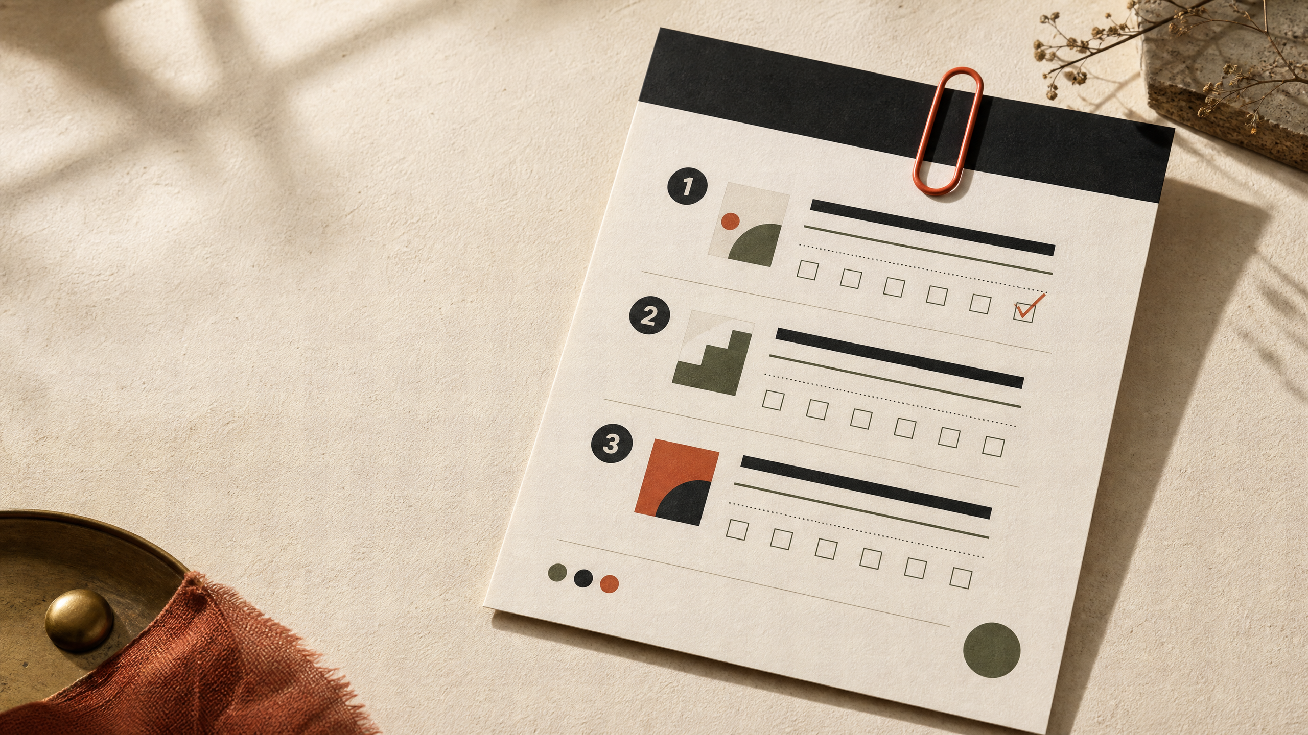 An editorial product worksheet with a minimal checklist layout on a paper desk