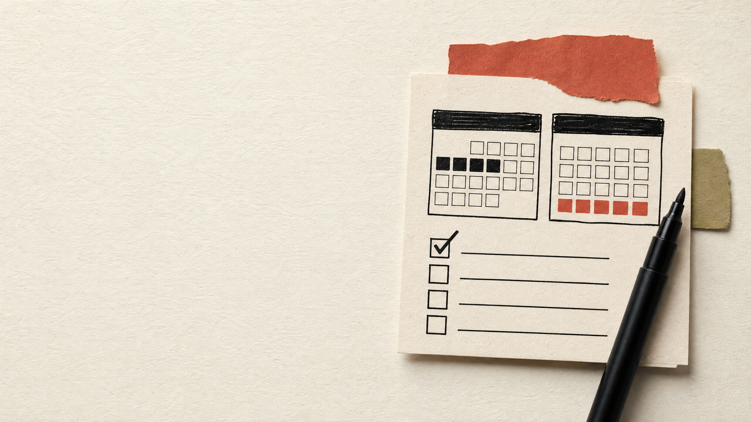 A calm product-planning board with paper tabs and a checked action